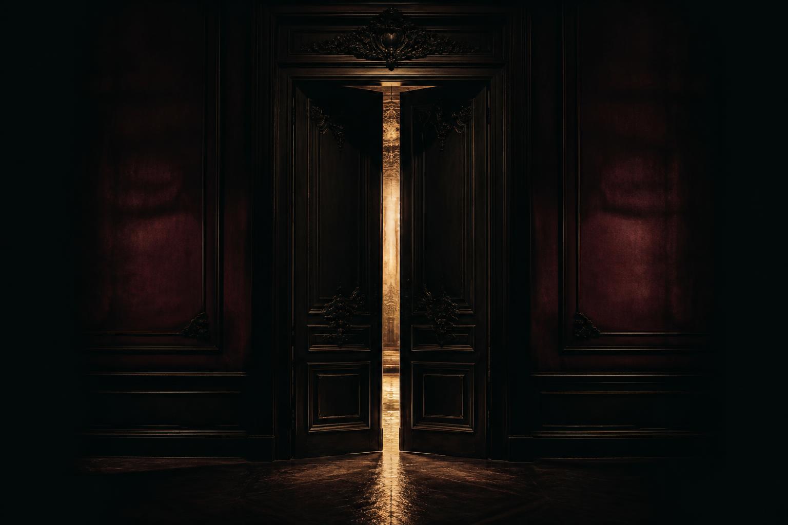 A tall ornate doorway standing ajar in a darkened house, gold light spilling through